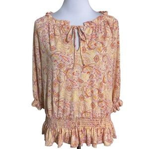 Anthropologie Paisley Ruffle Blouse Cream and Orange